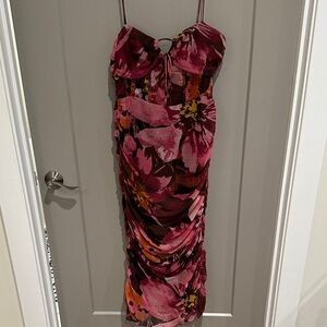ASOS Pink and Burgundy Floral Ruched Midi Dress